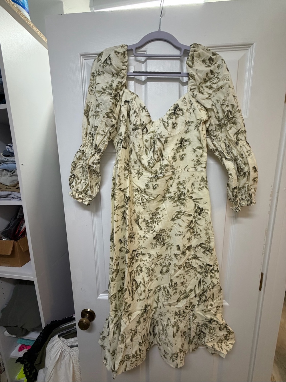 Ivory Floral Puff-Sleeve Midi Dress